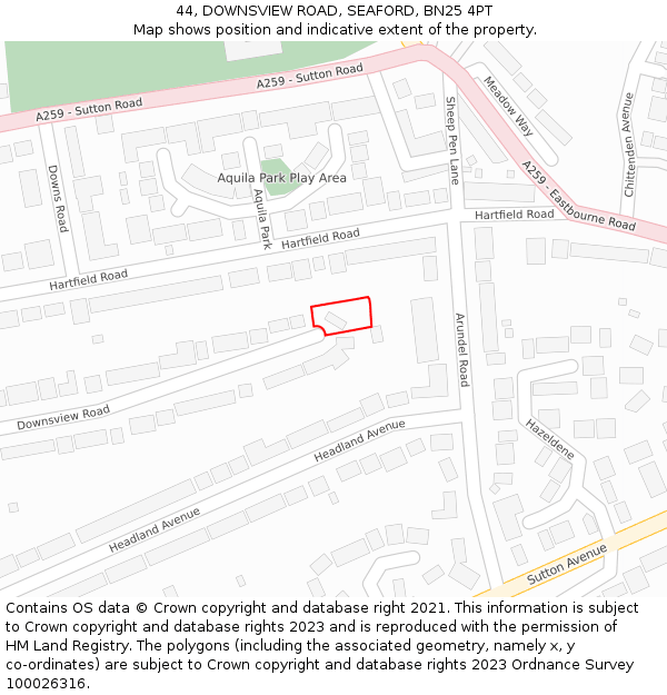44, DOWNSVIEW ROAD, SEAFORD, BN25 4PT: Location map and indicative extent of plot