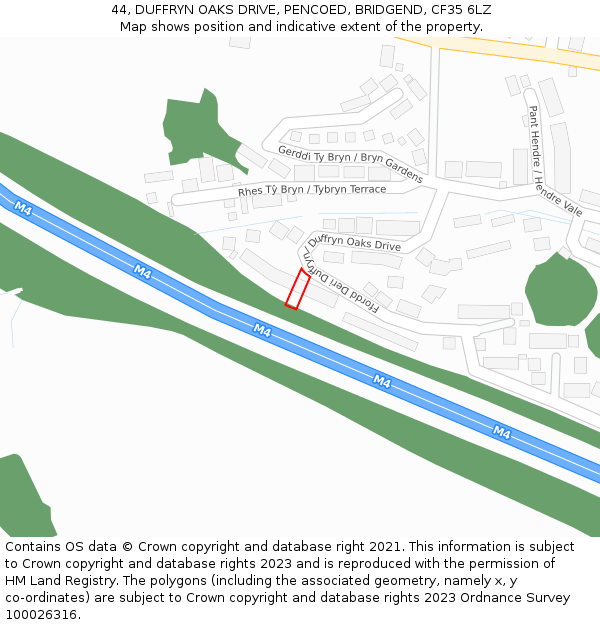 44, DUFFRYN OAKS DRIVE, PENCOED, BRIDGEND, CF35 6LZ: Location map and indicative extent of plot