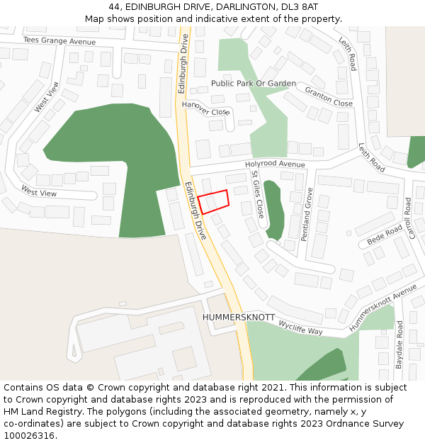 44, EDINBURGH DRIVE, DARLINGTON, DL3 8AT: Location map and indicative extent of plot
