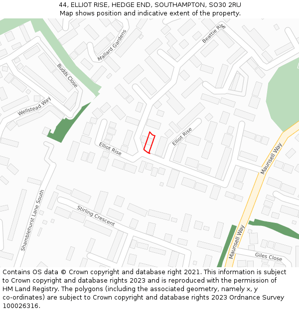 44, ELLIOT RISE, HEDGE END, SOUTHAMPTON, SO30 2RU: Location map and indicative extent of plot
