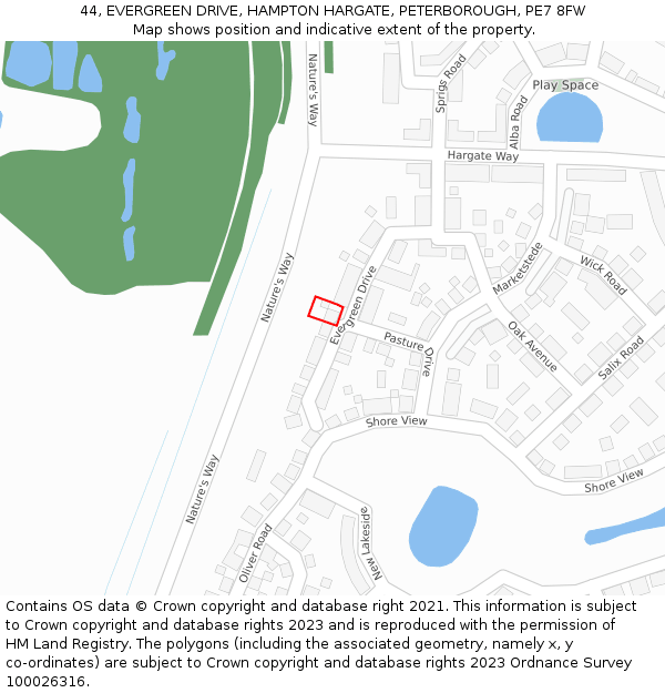 44, EVERGREEN DRIVE, HAMPTON HARGATE, PETERBOROUGH, PE7 8FW: Location map and indicative extent of plot