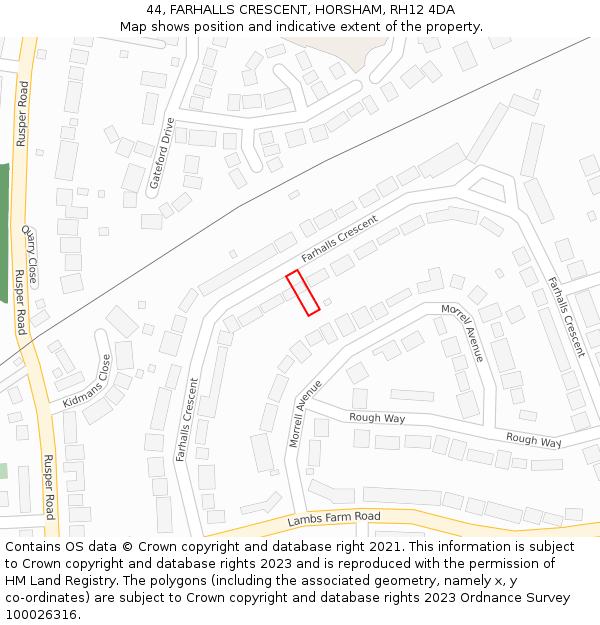 44, FARHALLS CRESCENT, HORSHAM, RH12 4DA: Location map and indicative extent of plot