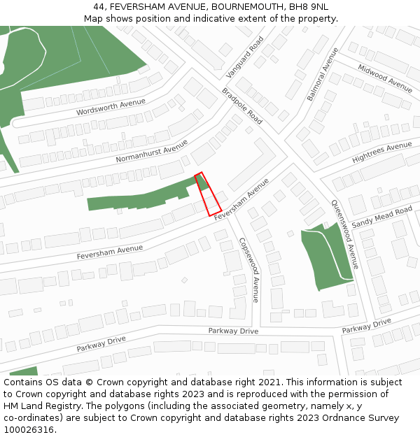 44, FEVERSHAM AVENUE, BOURNEMOUTH, BH8 9NL: Location map and indicative extent of plot