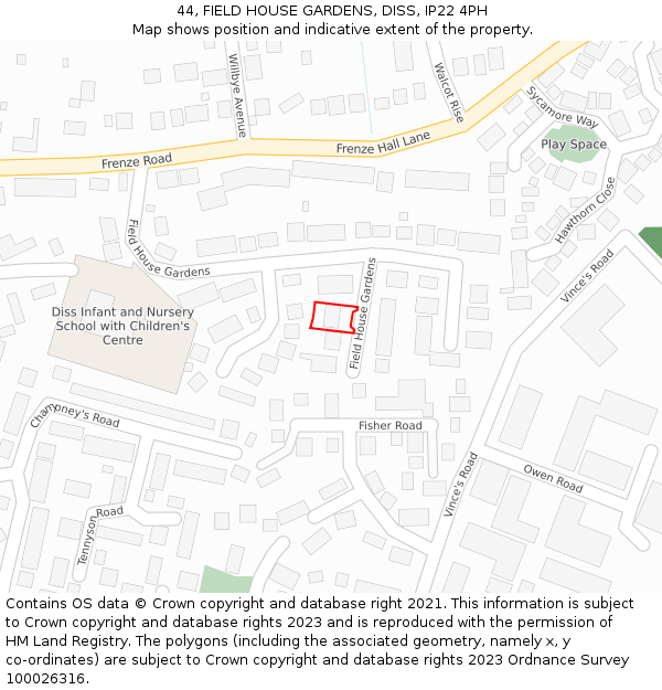 44, FIELD HOUSE GARDENS, DISS, IP22 4PH: Location map and indicative extent of plot