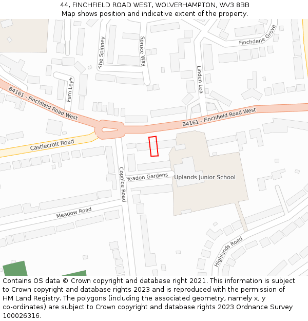 44, FINCHFIELD ROAD WEST, WOLVERHAMPTON, WV3 8BB: Location map and indicative extent of plot
