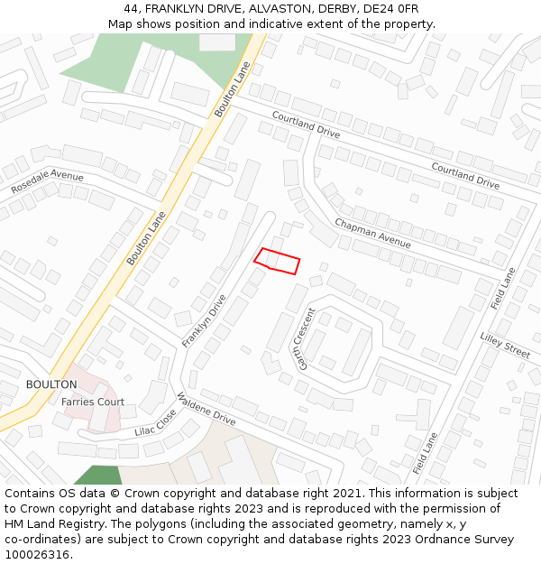 44, FRANKLYN DRIVE, ALVASTON, DERBY, DE24 0FR: Location map and indicative extent of plot