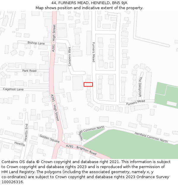 44, FURNERS MEAD, HENFIELD, BN5 9JA: Location map and indicative extent of plot