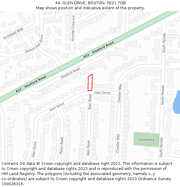44, GLEN DRIVE, BOSTON, PE21 7QB: Location map and indicative extent of plot