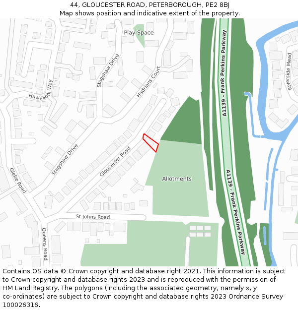 44, GLOUCESTER ROAD, PETERBOROUGH, PE2 8BJ: Location map and indicative extent of plot