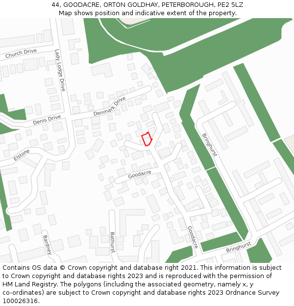 44, GOODACRE, ORTON GOLDHAY, PETERBOROUGH, PE2 5LZ: Location map and indicative extent of plot