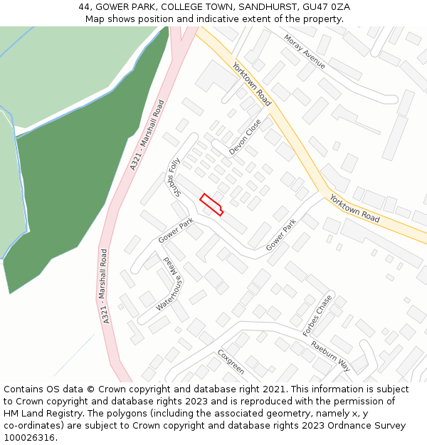 44, GOWER PARK, COLLEGE TOWN, SANDHURST, GU47 0ZA: Location map and indicative extent of plot