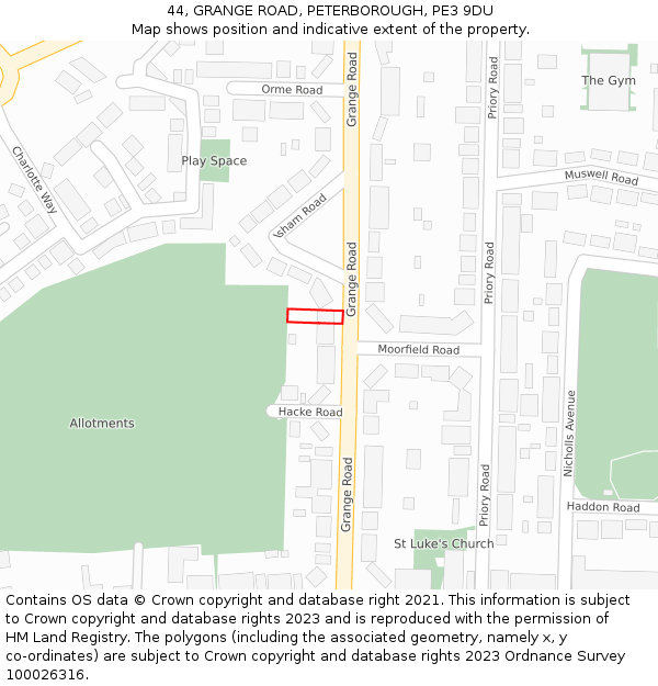 44, GRANGE ROAD, PETERBOROUGH, PE3 9DU: Location map and indicative extent of plot