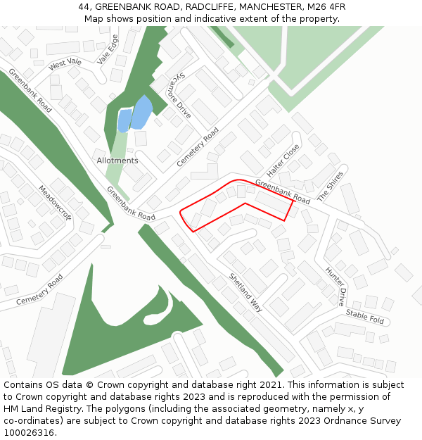 44, GREENBANK ROAD, RADCLIFFE, MANCHESTER, M26 4FR: Location map and indicative extent of plot