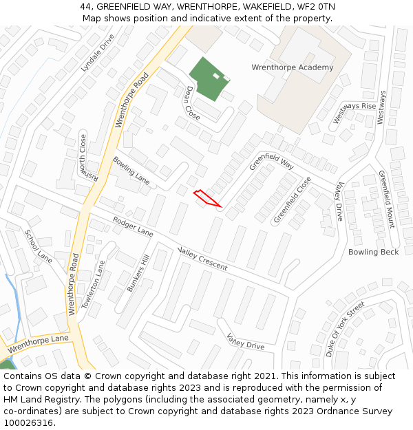 44, GREENFIELD WAY, WRENTHORPE, WAKEFIELD, WF2 0TN: Location map and indicative extent of plot