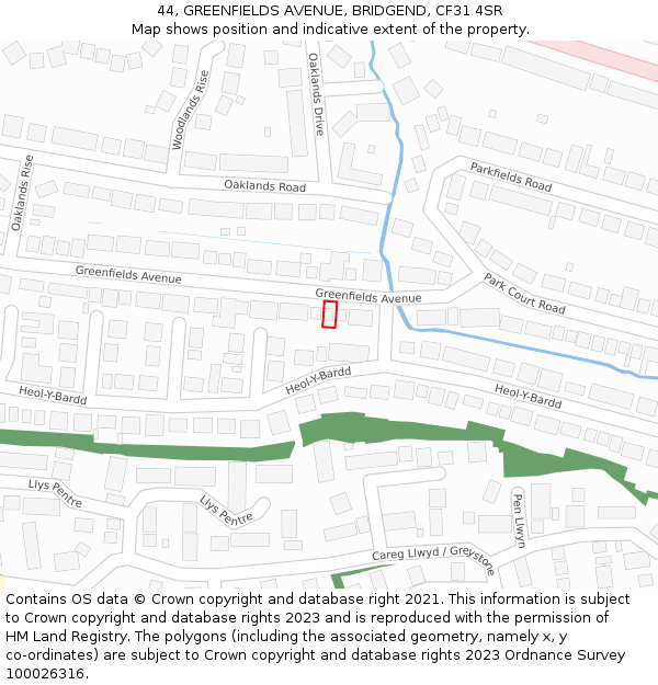 44, GREENFIELDS AVENUE, BRIDGEND, CF31 4SR: Location map and indicative extent of plot