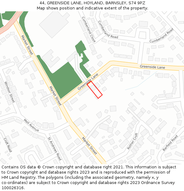 44, GREENSIDE LANE, HOYLAND, BARNSLEY, S74 9PZ: Location map and indicative extent of plot