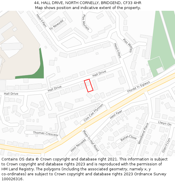 44, HALL DRIVE, NORTH CORNELLY, BRIDGEND, CF33 4HR: Location map and indicative extent of plot