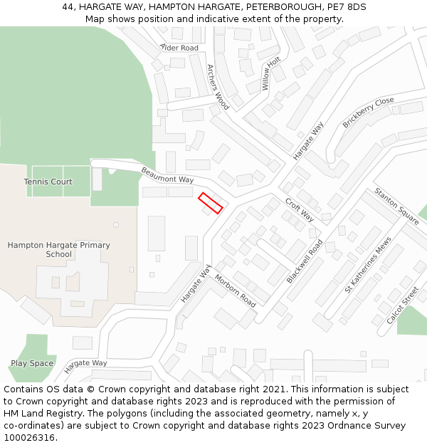 44, HARGATE WAY, HAMPTON HARGATE, PETERBOROUGH, PE7 8DS: Location map and indicative extent of plot