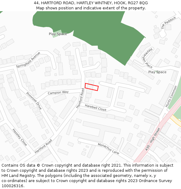 44, HARTFORD ROAD, HARTLEY WINTNEY, HOOK, RG27 8QG: Location map and indicative extent of plot