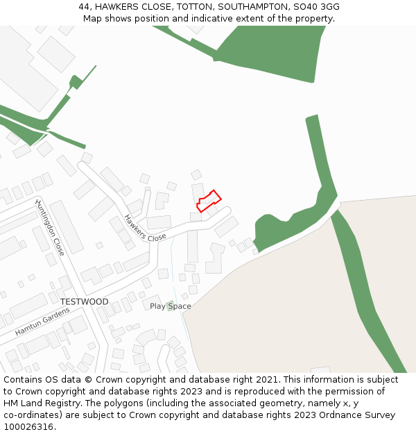 44, HAWKERS CLOSE, TOTTON, SOUTHAMPTON, SO40 3GG: Location map and indicative extent of plot