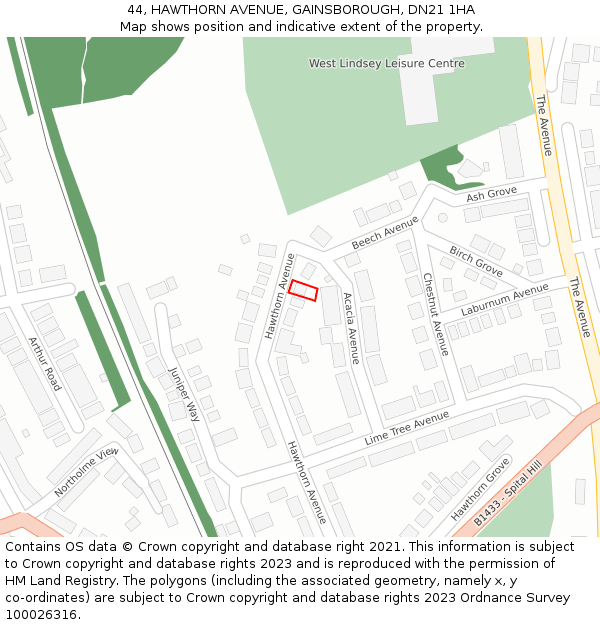 44, HAWTHORN AVENUE, GAINSBOROUGH, DN21 1HA: Location map and indicative extent of plot