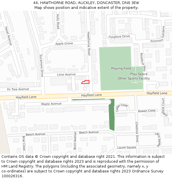 44, HAWTHORNE ROAD, AUCKLEY, DONCASTER, DN9 3EW: Location map and indicative extent of plot