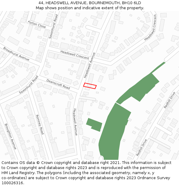 44, HEADSWELL AVENUE, BOURNEMOUTH, BH10 6LD: Location map and indicative extent of plot