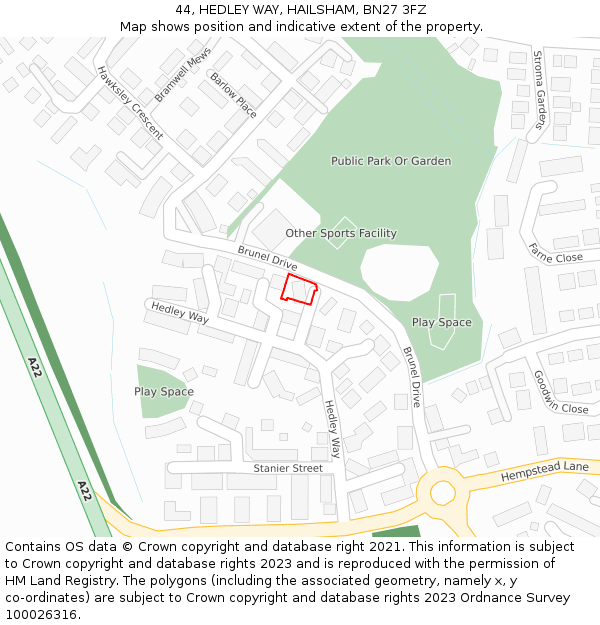 44, HEDLEY WAY, HAILSHAM, BN27 3FZ: Location map and indicative extent of plot