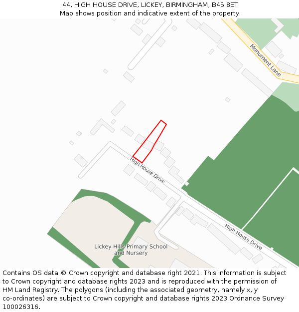 44, HIGH HOUSE DRIVE, LICKEY, BIRMINGHAM, B45 8ET: Location map and indicative extent of plot