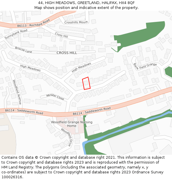 44, HIGH MEADOWS, GREETLAND, HALIFAX, HX4 8QF: Location map and indicative extent of plot