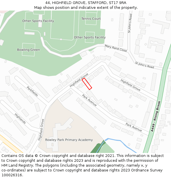 44, HIGHFIELD GROVE, STAFFORD, ST17 9RA: Location map and indicative extent of plot