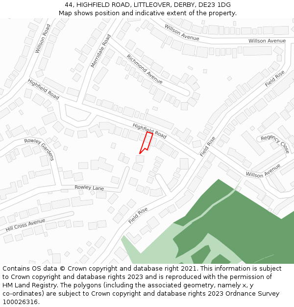 44, HIGHFIELD ROAD, LITTLEOVER, DERBY, DE23 1DG: Location map and indicative extent of plot