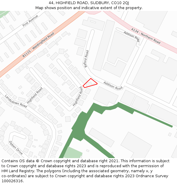 44, HIGHFIELD ROAD, SUDBURY, CO10 2QJ: Location map and indicative extent of plot