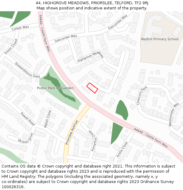 44, HIGHGROVE MEADOWS, PRIORSLEE, TELFORD, TF2 9RJ: Location map and indicative extent of plot