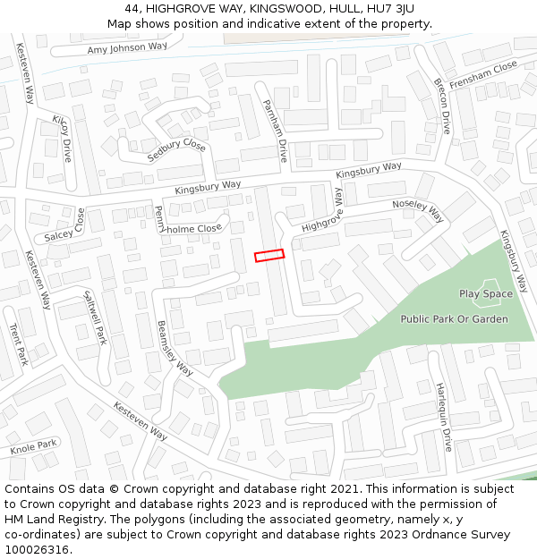 44, HIGHGROVE WAY, KINGSWOOD, HULL, HU7 3JU: Location map and indicative extent of plot