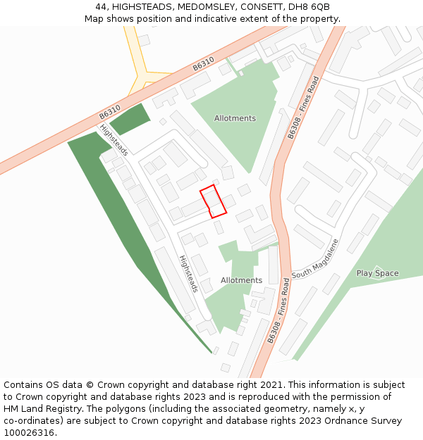 44, HIGHSTEADS, MEDOMSLEY, CONSETT, DH8 6QB: Location map and indicative extent of plot