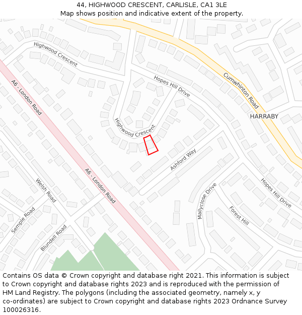 44, HIGHWOOD CRESCENT, CARLISLE, CA1 3LE: Location map and indicative extent of plot