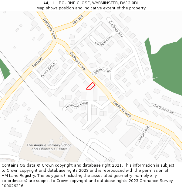 44, HILLBOURNE CLOSE, WARMINSTER, BA12 0BL: Location map and indicative extent of plot