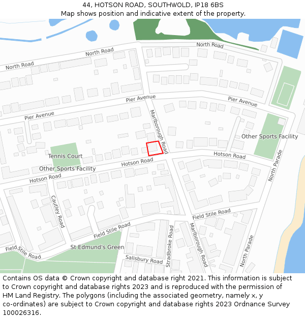 44, HOTSON ROAD, SOUTHWOLD, IP18 6BS: Location map and indicative extent of plot