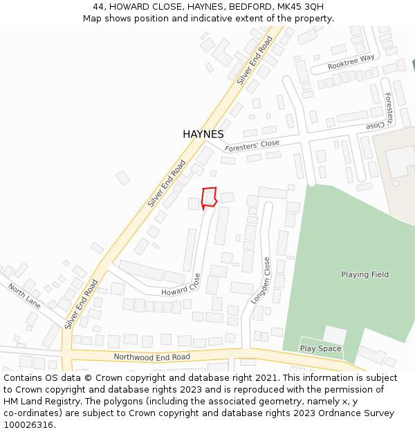44, HOWARD CLOSE, HAYNES, BEDFORD, MK45 3QH: Location map and indicative extent of plot