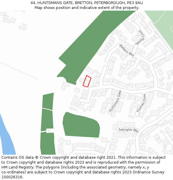 44, HUNTSMANS GATE, BRETTON, PETERBOROUGH, PE3 9AU: Location map and indicative extent of plot