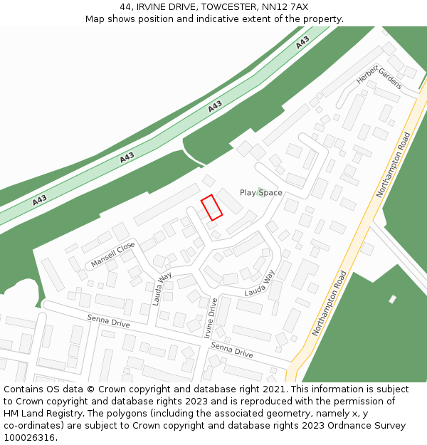 44, IRVINE DRIVE, TOWCESTER, NN12 7AX: Location map and indicative extent of plot