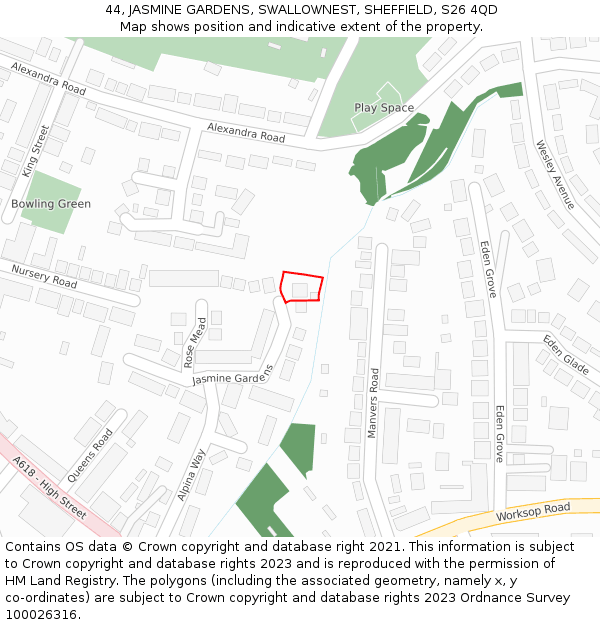 44, JASMINE GARDENS, SWALLOWNEST, SHEFFIELD, S26 4QD: Location map and indicative extent of plot