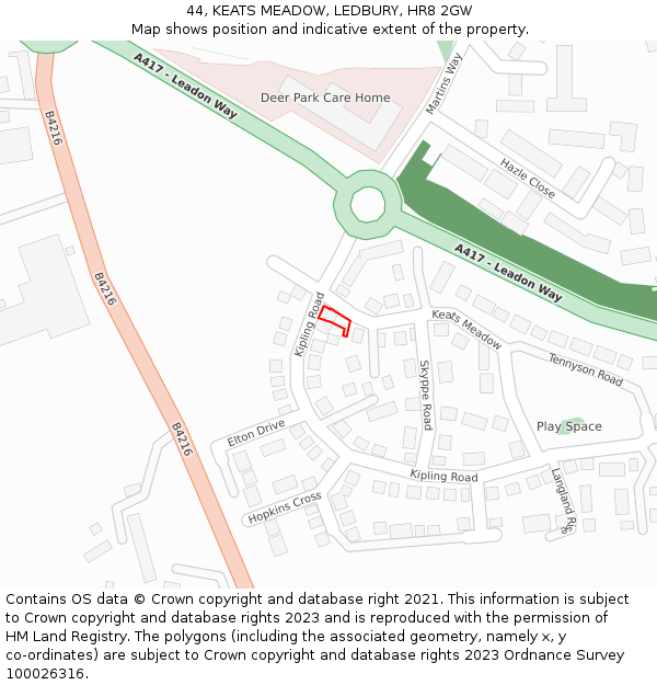44, KEATS MEADOW, LEDBURY, HR8 2GW: Location map and indicative extent of plot
