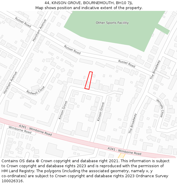 44, KINSON GROVE, BOURNEMOUTH, BH10 7JL: Location map and indicative extent of plot