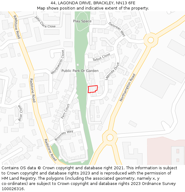 44, LAGONDA DRIVE, BRACKLEY, NN13 6FE: Location map and indicative extent of plot