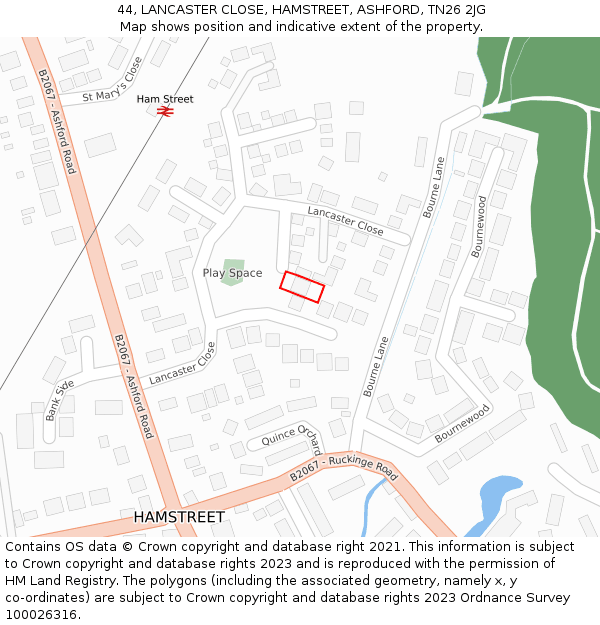 44, LANCASTER CLOSE, HAMSTREET, ASHFORD, TN26 2JG: Location map and indicative extent of plot