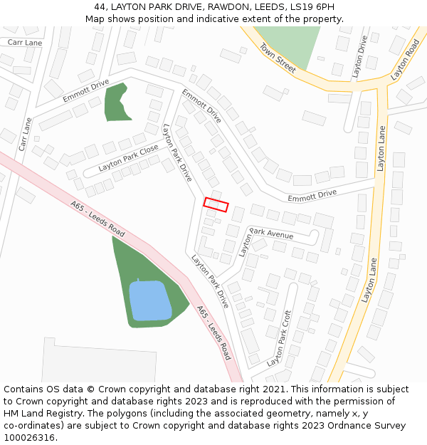 44, LAYTON PARK DRIVE, RAWDON, LEEDS, LS19 6PH: Location map and indicative extent of plot