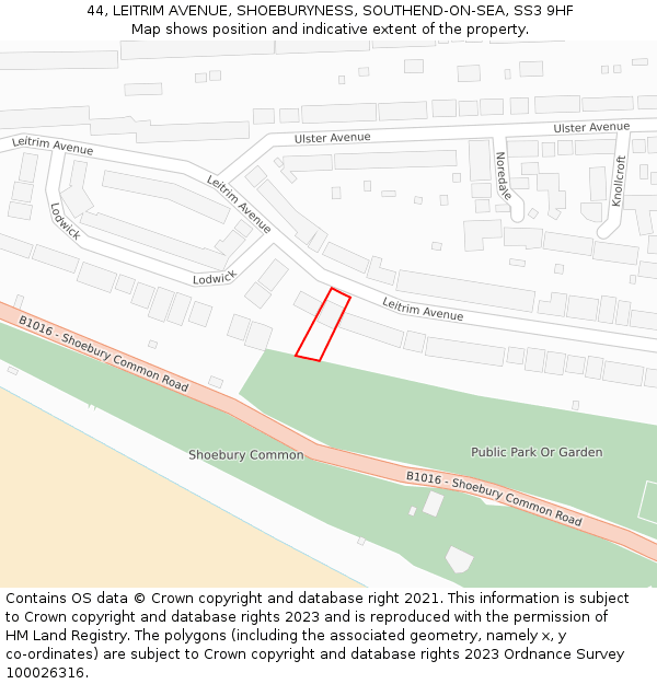 44, LEITRIM AVENUE, SHOEBURYNESS, SOUTHEND-ON-SEA, SS3 9HF: Location map and indicative extent of plot