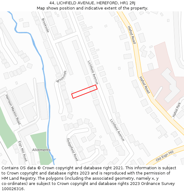 44, LICHFIELD AVENUE, HEREFORD, HR1 2RJ: Location map and indicative extent of plot